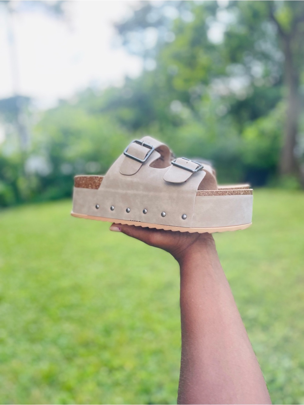 Platform Double-Buckle Slide Sandal - Taupe